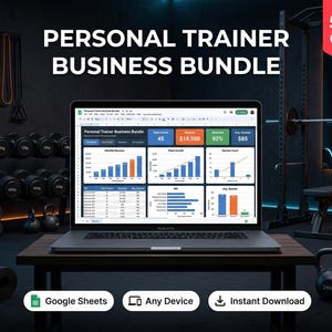 Può includere: Un laptop che mostra un foglio di calcolo intitolato "Personal Trainer Business Bundle" con grafici e dati. L'immagine include manubri, kettlebell e fasce di resistenza, con il testo "Personal Trainer Business Bundle" e "50% OFF".