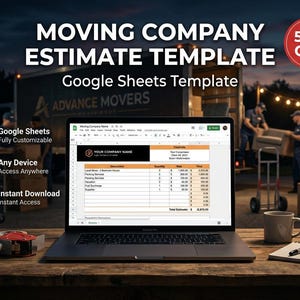 May include: A laptop displays a moving company estimate template in Google Sheets. The screen shows a form with fields for itemized moving costs. Text on the screen reads "MOVING COMPANY ESTIMATE TEMPLATE" and "Google Sheets Template."