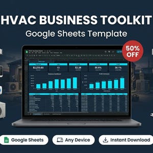 May include: A laptop displays a Google Sheets template for HVAC businesses, showcasing financial data with charts and graphs. The image includes HVAC equipment illustrations and a 50% off promotion. Text includes "HVAC BUSINESS TOOLKIT" and "Google Sheets Template."
