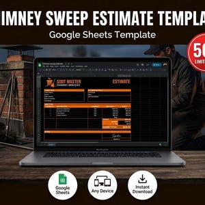 May include: A laptop displays a chimney sweep estimate template. The screen shows a form with orange and black details, including the text "Chimney Sweep Estimate Template" and "Google Sheets Template." A red circle indicates a 50% off limited time offer.