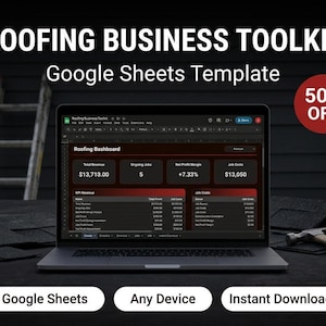 Può includere: Un laptop mostra un modello di dashboard per un'attività di copertura in Google Sheets. Lo schermo mostra dati finanziari, con il testo "Roofing Business Toolkit" e "Google Sheets Template". Un cerchio rosso indica uno sconto del 50%.