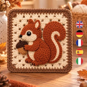 Puede incluir: Un cuadrado de ganchillo tipo granny square con una aplicación tridimensional de una ardilla marrón que sostiene una pequeña bellota marrón. La ardilla tiene el vientre y la cara de color crema, con una cola grande y tupida.
