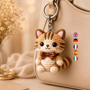 May include: A crocheted tabby cat keychain featuring a brown and cream yarn body, black plastic eyes, pink stitched cheeks, and a dark brown satin ribbon bow. The cat is attached to a silver-toned metal split ring and chain, hanging from a beige handbag.