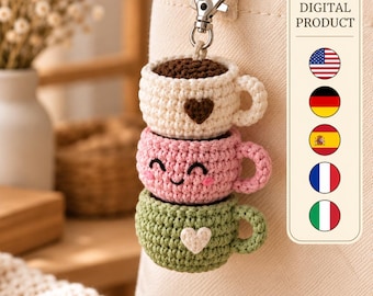 Coffee Cup Keychain Crochet Pattern PDF, Stacked Mini Mug Amigurumi Bag Charm, Cute Kawaii Coffee Lover Gift, Digital Download