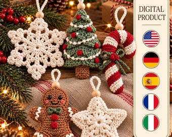 Christmas Ornaments Crochet Pattern PDF, Set of 5 Snowflake, Tree, Star, Gingerbread Man & Candy Cane, Holiday Decor Digital Download
