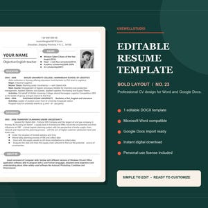 May include: An editable resume template featuring a clean, professional layout with sections for education, experience, and personal details. The document includes text placeholders, a small profile photo area, and a dark green sidebar with white text.