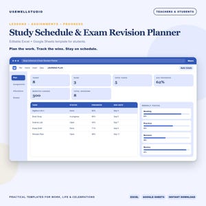 Study Schedule & Exam Revision Planner | Excel Google Sheets Editable Template | Digital Download
