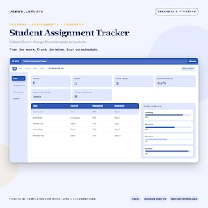 Student Assignment Tracker | Excel Google Sheets Editable Template | Digital Download