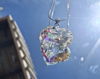 Iridescent Heart Gem Necklace, Sterling Silver Chain, Handmade Accessory Jewelry