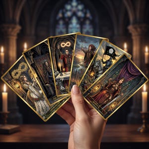 May include: A fan of five tarot cards with gold-toned edges, featuring detailed illustrations of figures in fantasy settings, including a woman with a lion, a magician with an infinity symbol, a knight on horseback, and a seated figure labeled Justice.