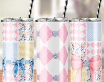 Chessboard, Dots, Chevron and Florals Pattern 20oz Skinny Tumbler Wraps, PNG, Sublimation Design, 3 Pattern Bundle