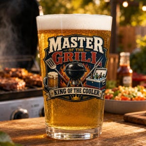 May include: A pint glass filled with beer, featuring a "Master of the Grill" design. The design includes a grill, beer mug, and cooler. The glass is on a wooden surface, with a grill and food in the background.