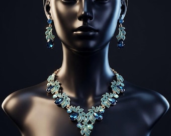 Blue Topaz Crystal Leaf Jewelry Set: Gold Teardrop Necklace, Wedding Earrings