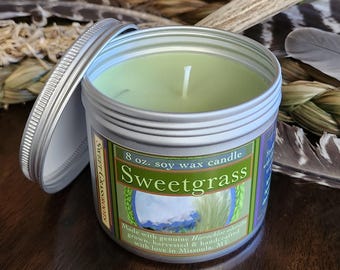 Genuine Sweetgrass soy candle in aluminum tin