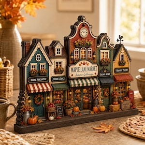 Peut inclure: Une décoration de table à plusieurs étages représentant une rangée de boutiques sur le thème de l'automne, nommées Maple Lane Market, Maple Mercantile, Cider & Spice, Golden Acorn et Harvest Pantry, avec des citrouilles et des feuilles.