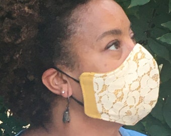 Lace Mask/ Cotton Mask/ Mask with Filter Pocket/ Mustard/ Adult Regular Mask