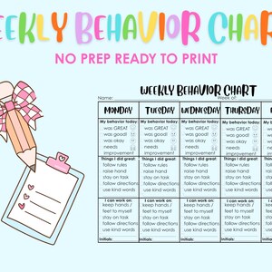 May include: A weekly behavior chart printable featuring a colorful title, a graphic of a pencil with a pink plaid bow, and a clipboard. The chart includes columns for Monday through Friday with sections for behavior, tasks, and goals to track daily progress.