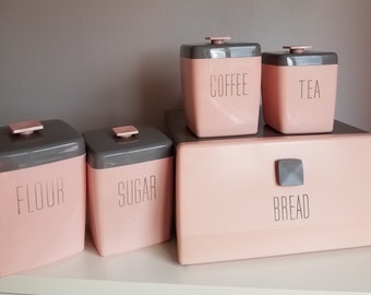 Nally Ware Vintage Pink & Gray kitchen canister set with breadbox