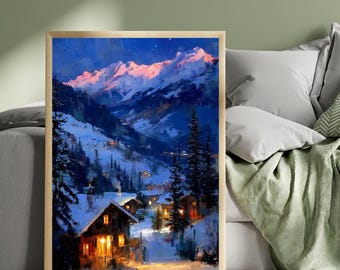 May include: A framed painting of a winter scene shows snow-covered mountains with pink peaks under a twilight sky. Small cabins with lit windows are in the snowy valley, surrounded by evergreen trees.