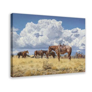 Western Horses Canvas Wall Art, Cowboy Saddle Horses in Prairie Landscape with Dramatic Clouds, Rustic Ranch Western Decor
