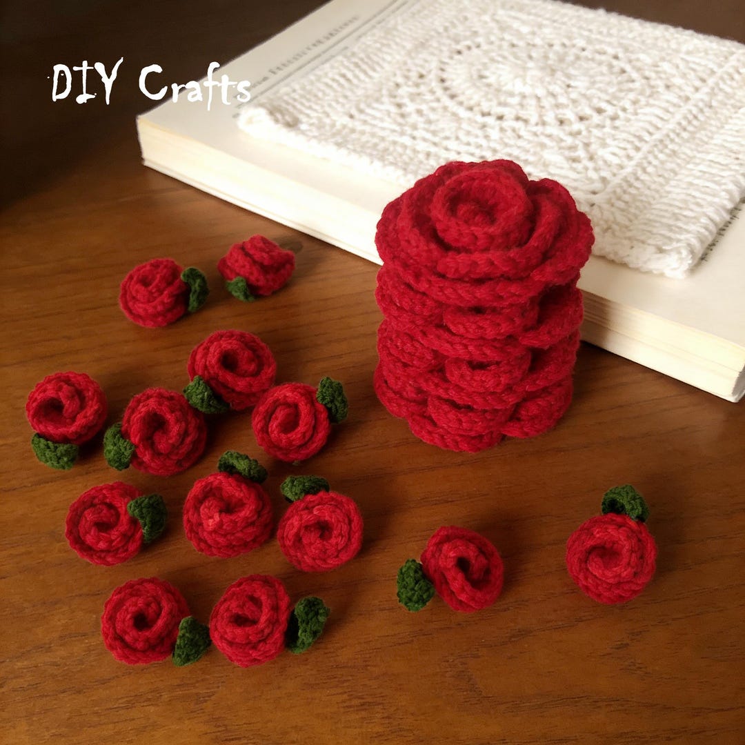 Handmade Crochet Rose Flower Heads With Leaves, Red Rose Appliques for ...