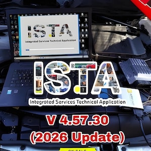 Może przedstawiać: Czarny laptop z interfejsem oprogramowania ISTA Integrated Services Technical Application, wersja 4.57.30, z aktualizacją z 2026 roku. Ekran wyświetla logo ISTA, a urządzenie diagnostyczne jest podłączone do laptopa za pomocą kabla.