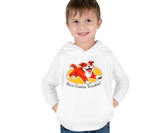 Bluza z kapturem "Piesek w biegu" z napisem "Nadchodzą kłopoty" | Bluza dla malucha