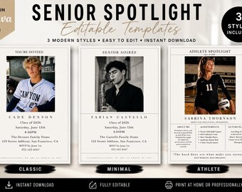 Lot de modèles Spotlight senior, modèle canva modifiable pour faire-part de remise des diplômes, carte Spotlight d'athlète, promotion 2026