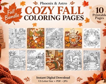 Coloriages d'automne chaleureux, 10 feuilles de coloriage d'automne à imprimer, maisonnette citrouille et scènes d'automne, téléchargement numérique instantané