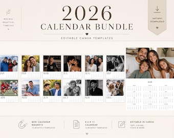 Lot de modèles de calendrier 2026 modifiables, modèle de calendrier imprimable sur toile, mini aimant de calendrier 2,3, calendrier 8,5 x 11, téléchargement immédiat
