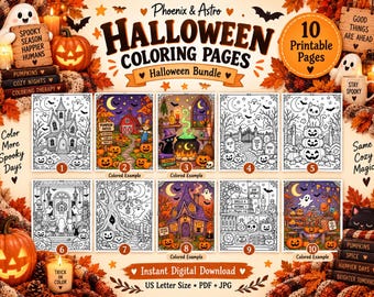 10 coloriages d'Halloween à imprimer : fantômes, citrouilles et sorcières (téléchargement numérique)