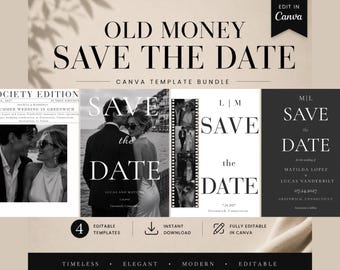 Ensemble de modèles modifiables Old Money « Save the Date » | Modèles de mariage de luxe | Faire-part de mariage éditorial | Bande de film et style journal