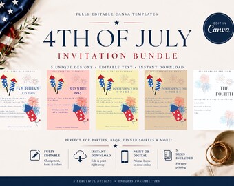 Modèle de lot d'invitations du 4 juillet, invitations modifiables en toile, invitation à une soirée barbecue patriotique, soirée de la fête de l'indépendance, téléchargement immédiat