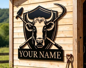 Targa in metallo personalizzata con mucca, targa personalizzata per cancello di fattoria, decorazione murale per ranch, regalo unico per San Valentino per lui, regalo per il padre dello sposo