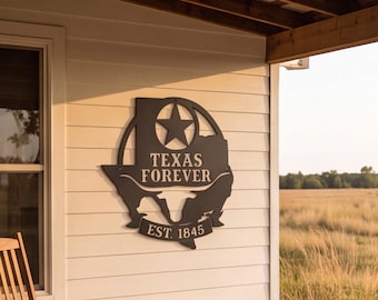 Metall-Wandbild „Texas Forever“, Texas-Stern-Longhorn-Dekor, pulverbeschichtetes Stahlschild für den Innen- und Außenbereich, rustikale Wanddekoration im Ranch-Stil