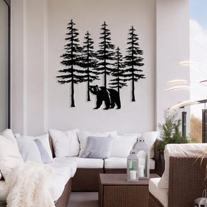 Wilderness Bear Tree Metal Wall Art, Wispy Pine Tree Decor , Outdoor Tree Bear Decor, Rustic Home Gift, Cabin Hanging