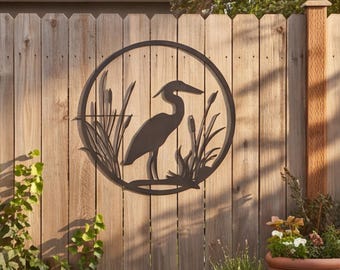 Rustic Egret Heron Wall Hanging, Recycled Steel Cattails Decor, Outdoor Metal Bird Art, Coastal Farmhouse Accent