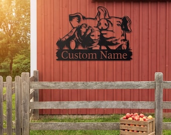 Barn Decor, Custom Pig Metal Sign, Personalized Farm Sign, Twin Pigs Wall Art, Unique Housewarming Gift