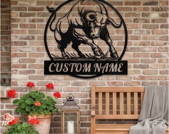 Decoración personalizada para ganado, placa rústica de pared de Tauro, letrero personalizado con el nombre del toro, arte de pared de metal estilo granja, regalo para la entrada del rancho, arte de animales de granja