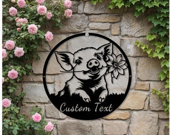 Garden Sign, Custom Pig Metal Wall Art, Personalized Farm Sign, Floral Piglet Plaque, Rustic Housewarming Gift