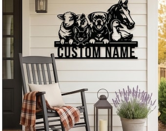 Letrero metálico personalizado con animales de granja, arte de pared con perros, gatos y caballos para el porche delantero, decoración rústica y original, regalo único para familias con varias mascotas.