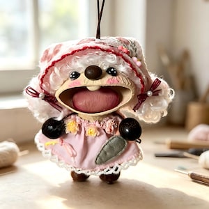 Può includere: Una bambola fatta a mano stravagante con un vestito rosa e un cappello abbinato. La bambola ha una grande bocca aperta, occhi neri e due sfere nere su ogni lato. Il cappello è decorato con motivi floreali e finiture rosse.