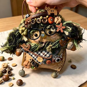 May include: A quirky, handmade figure with a face, spectacles, and a camera. It is decorated with acorns, buttons, and miniature pumpkins. The figure has a green, textured hair-like covering and is held by a brown leather strap.