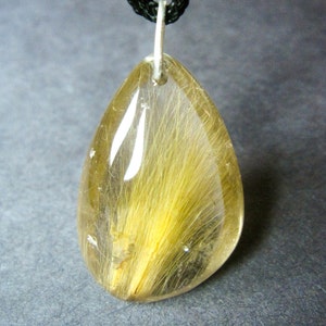 May include: A teardrop-shaped pendant with a clear quartz crystal containing a golden-brown hair-like inclusion. The pendant is attached to a black cord.