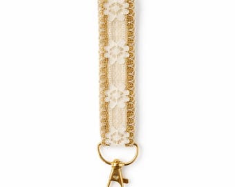 Handmade Floral Ivory and Gold Lace Keychain Wristlet – Vintage Glam Key Fob