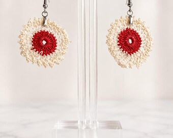 Vintage Small Lace Red and Cream Circle Boho Statement Earrings