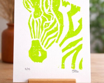Neon Lime Zebra Block Print, 5x7" – Hand Pulled, Limited Edition Shelf Art