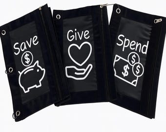 Save, Invest, Give and Spend Black Zip Envelope Set – Kids Budget Binder Pouches