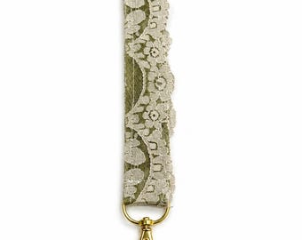 Handmade Ivory and Green Lace Keychain Wristlet – Vintage Glam Key Fob