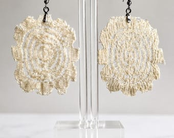 Vintage Large Ivory Lace Oval Boho Statement Earrings